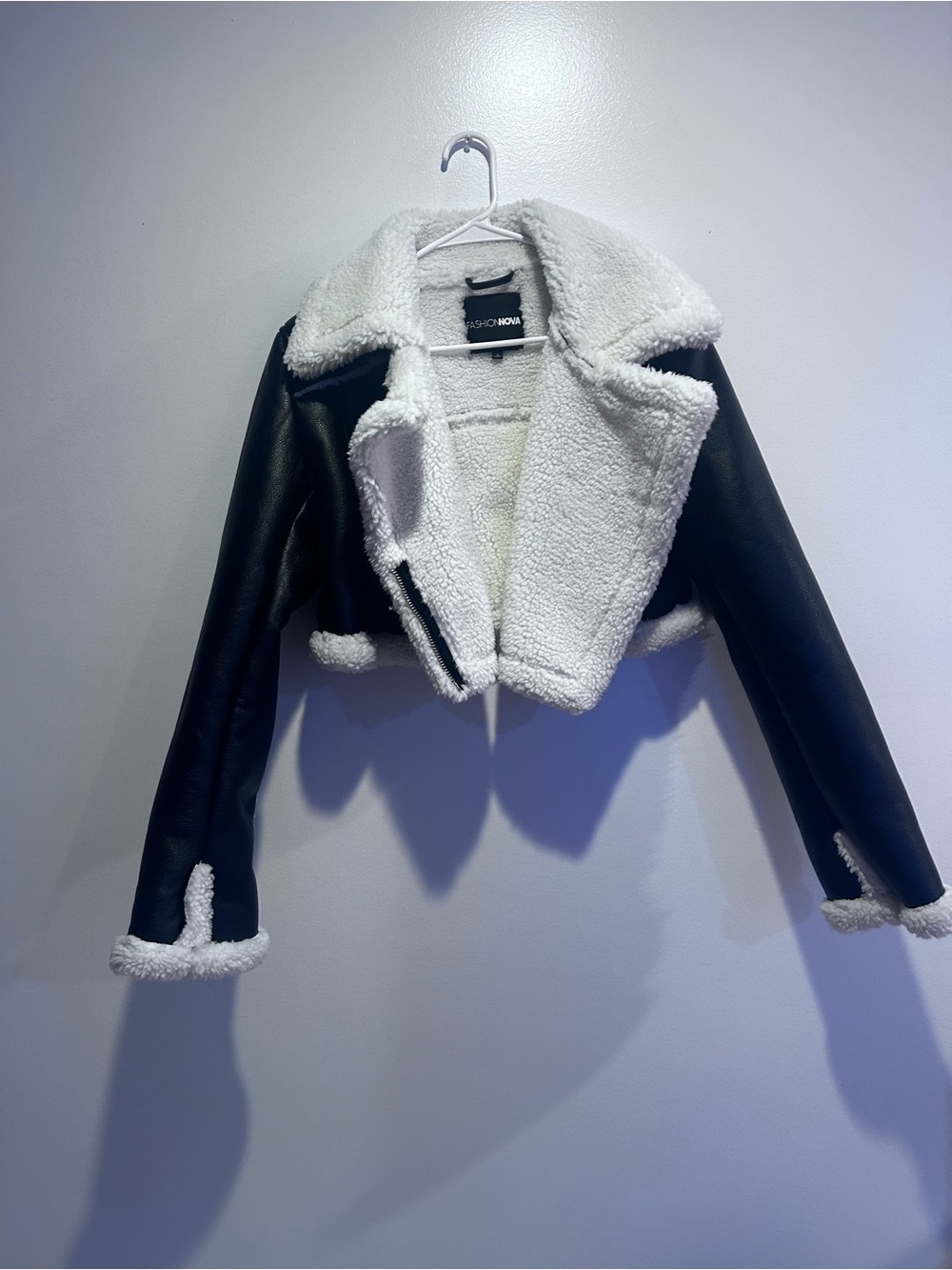 Fashion Nova Black Moto Jacket with White Sherpa Trim